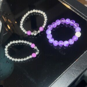 Purple and Silver Beaded Bracelet Set